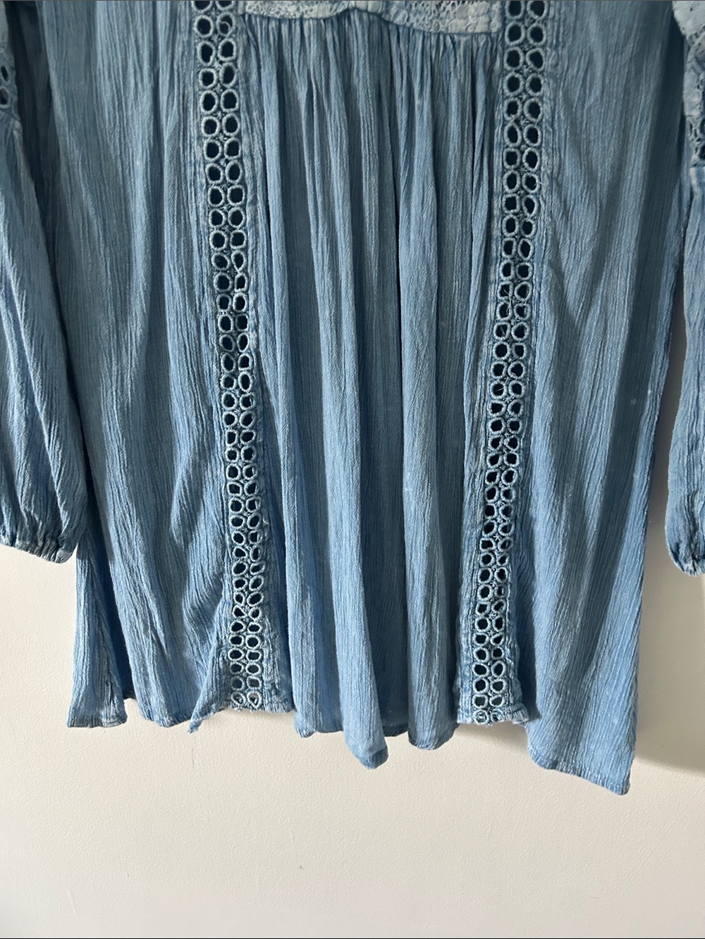 Boho Y2K Light Blue Lace-Trim Women's Peasant Top Eyelet Detail Cottagecore - Picture 5 of 12